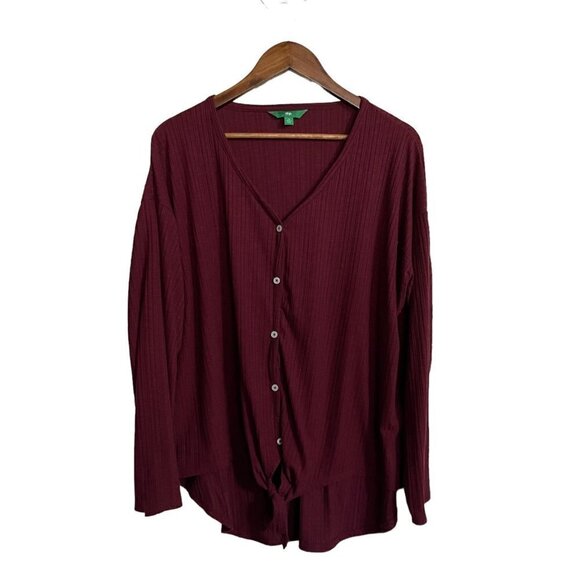 Dip Womens Burgundy Ribbed Long Sleeve Button Front Tie Blouse Size 1X - Picture 1 of 5